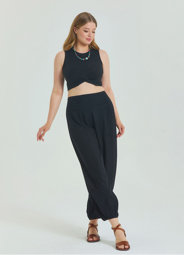 Elastic Waist Relaxed Cut Black Plus Size Trousers 4627